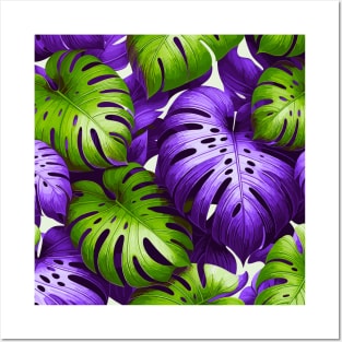 Violet Green Monstera Tropical Leaves Posters and Art